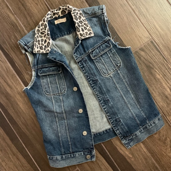 All Saints Jackets & Blazers - All Saints Denim Jean Vest Leopard Print Collar M